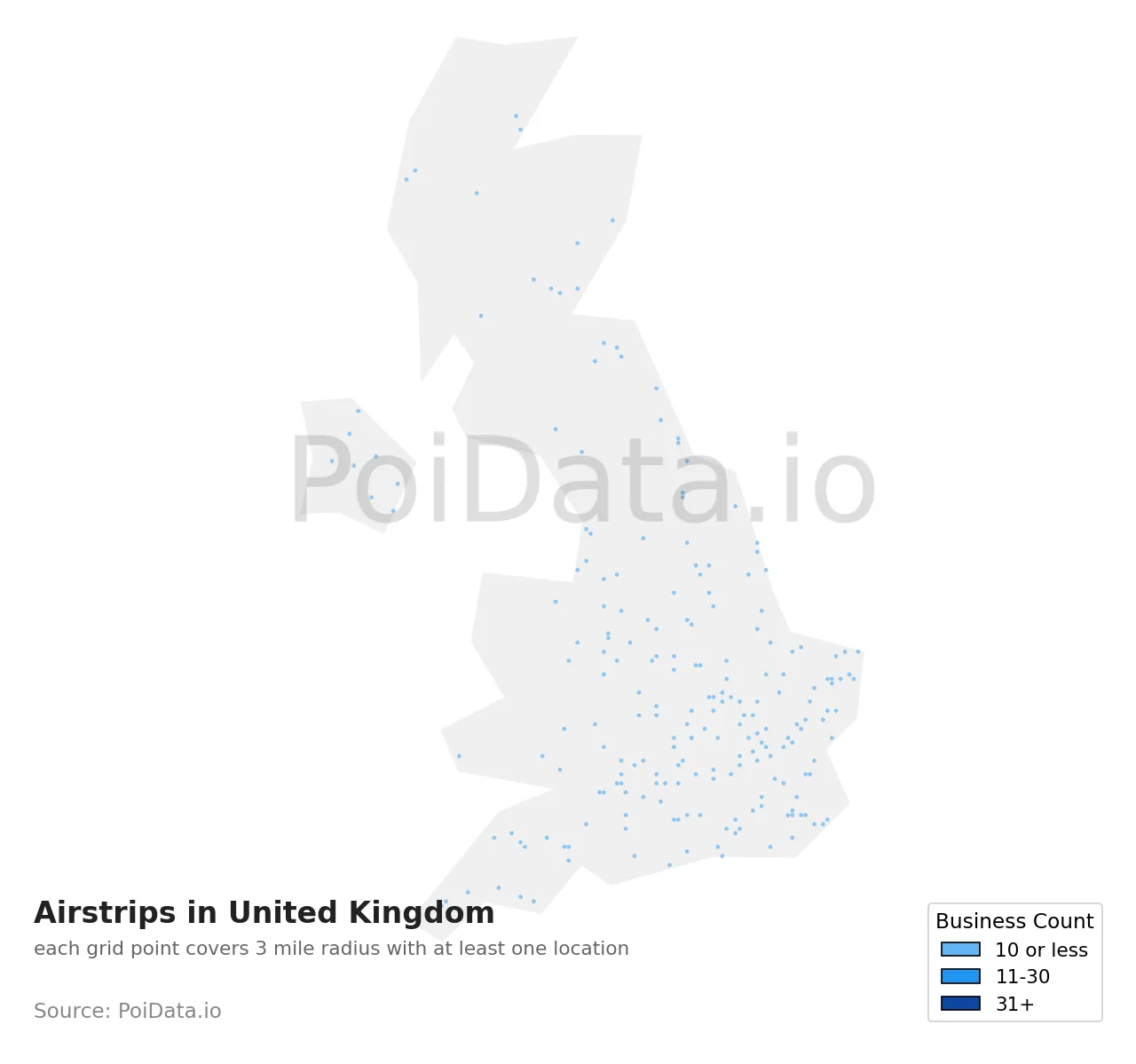 Airstrip density map for United Kingdom