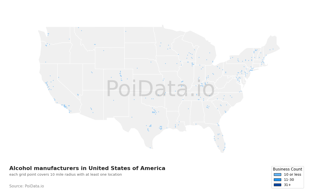 Alcohol manufacturer density map for Maryland, United States