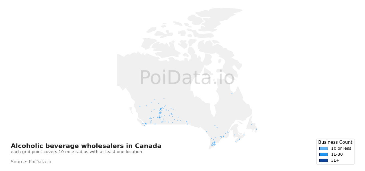 Alcoholic beverage wholesaler density map for British Columbia, Canada