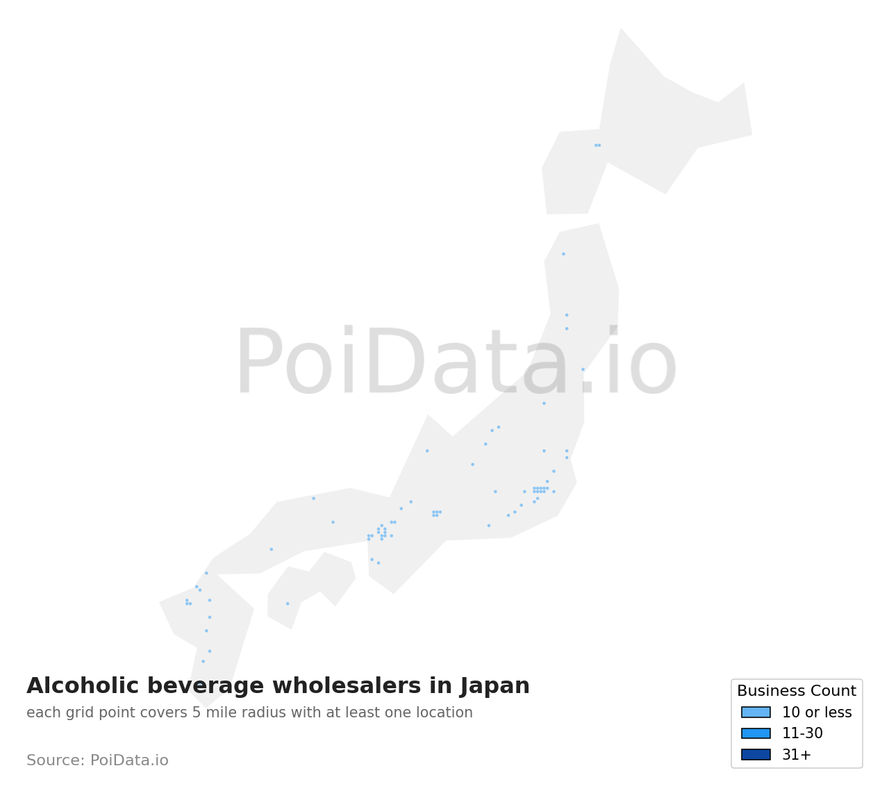 Alcoholic beverage wholesaler density map for Japan