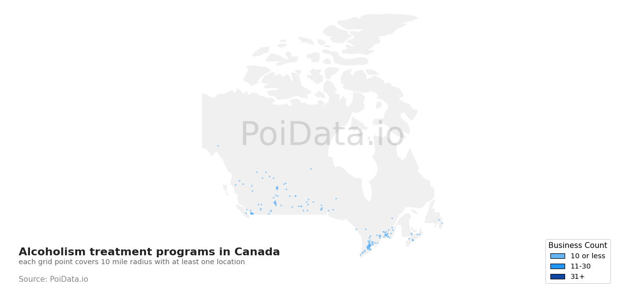 Alcoholism treatment program density map for Canada