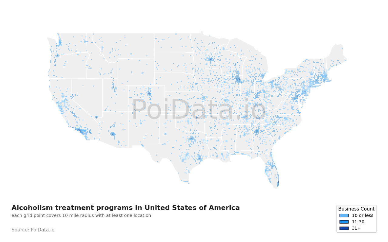 Alcoholism treatment program density map for United States