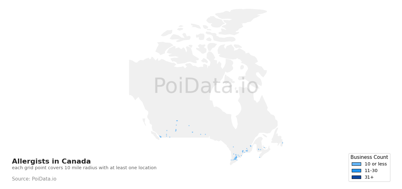Allergist density map for Canada