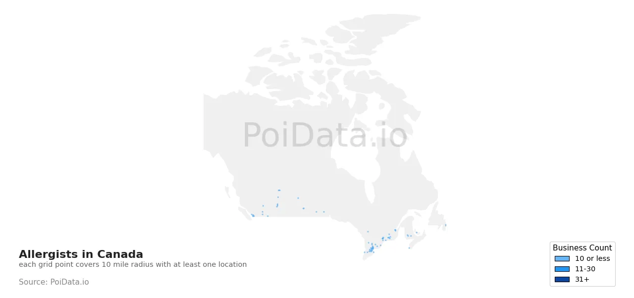 Allergist density map for Canada