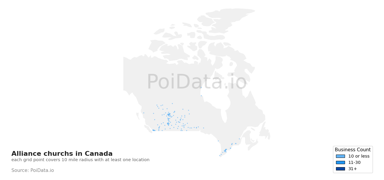 Alliance church density map for British Columbia, Canada