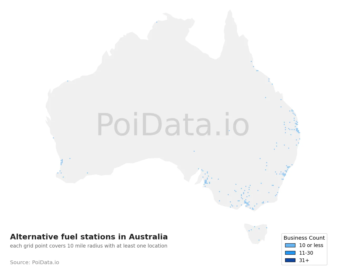 Alternative fuel station density map for Australia