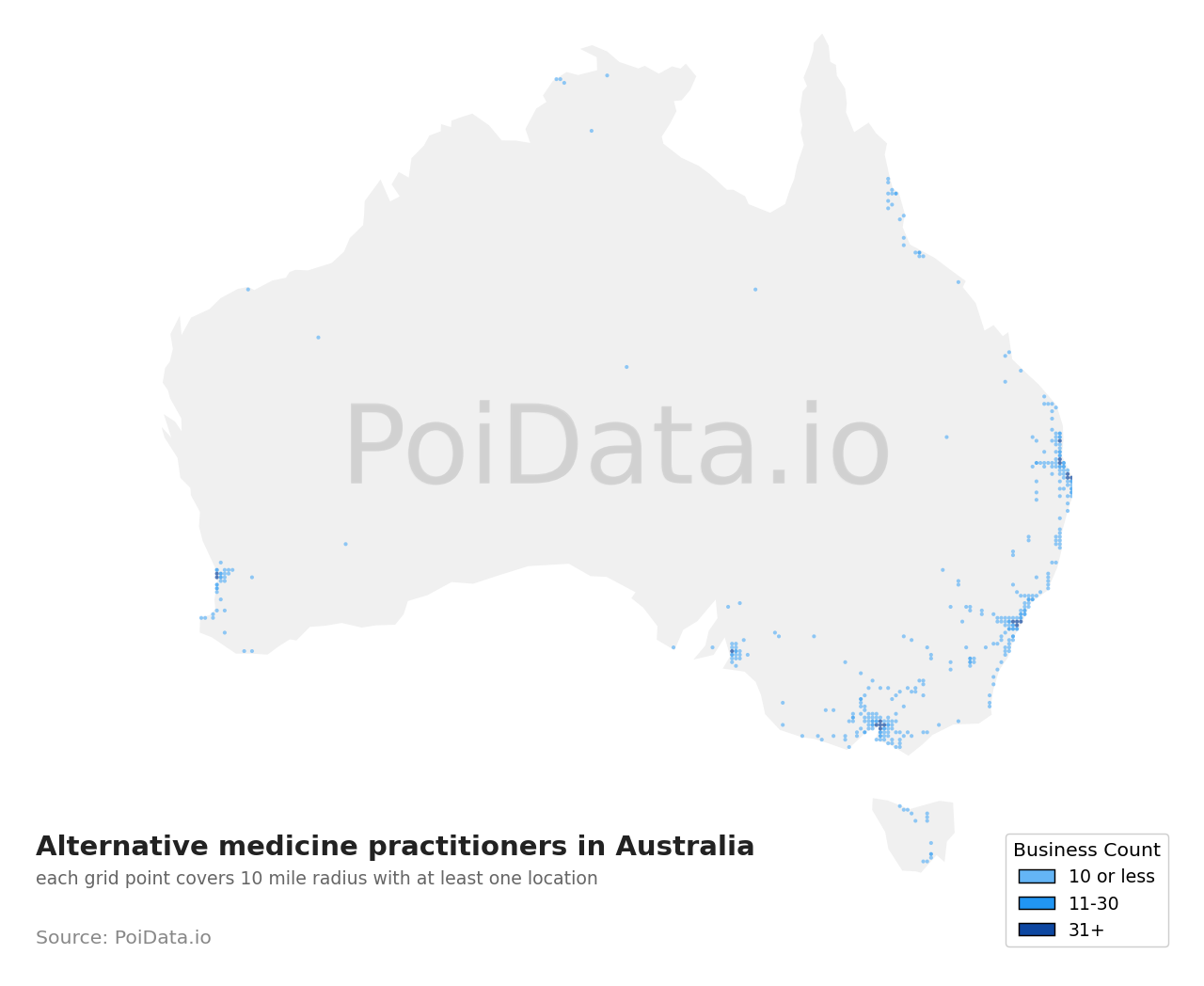 Alternative medicine practitioner density map for Australia