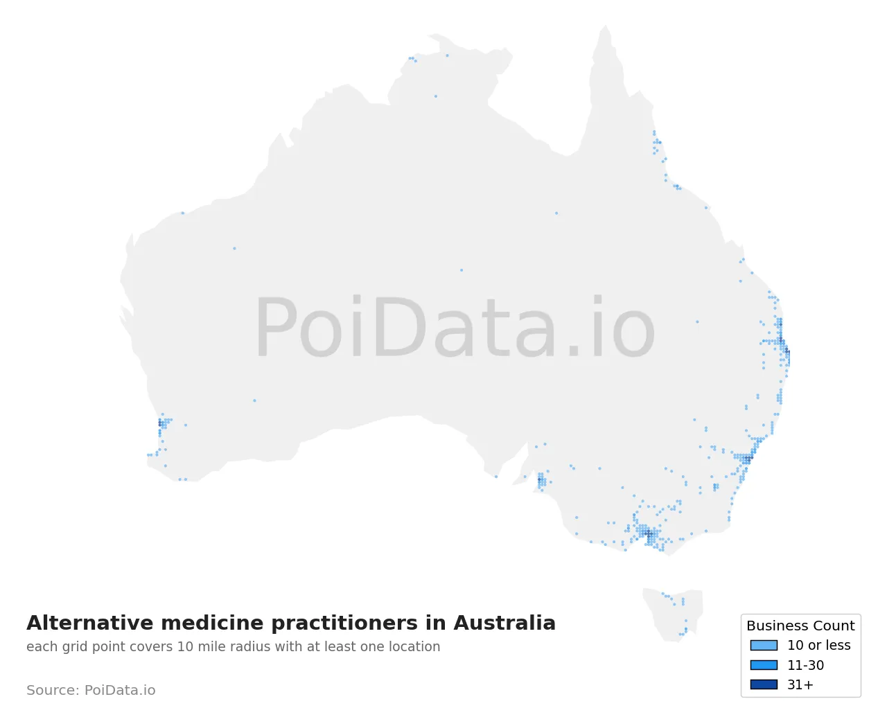 Alternative medicine practitioner density map for Australia