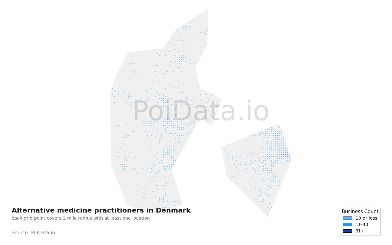 Alternative medicine practitioner density map for Denmark