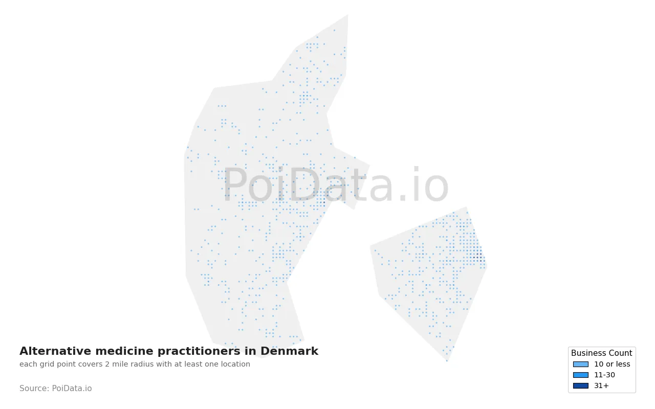 Alternative medicine practitioner density map for Denmark