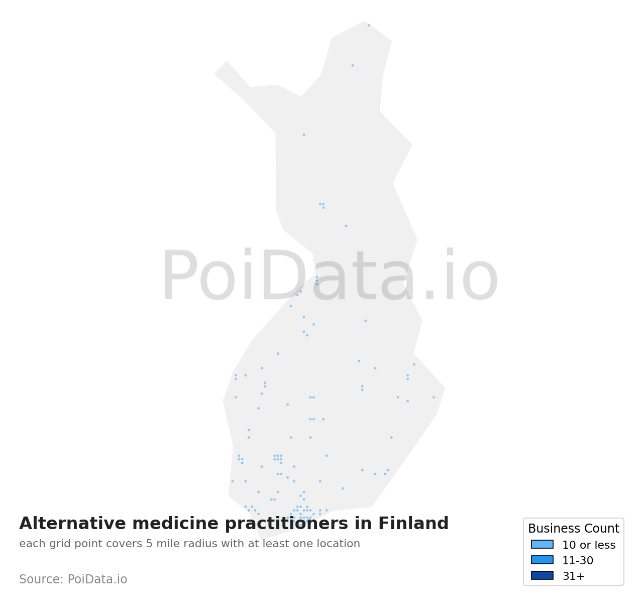 Alternative medicine practitioner density map for Finland