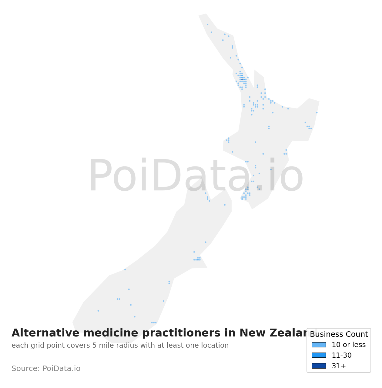 Alternative medicine practitioner density map for New Zealand