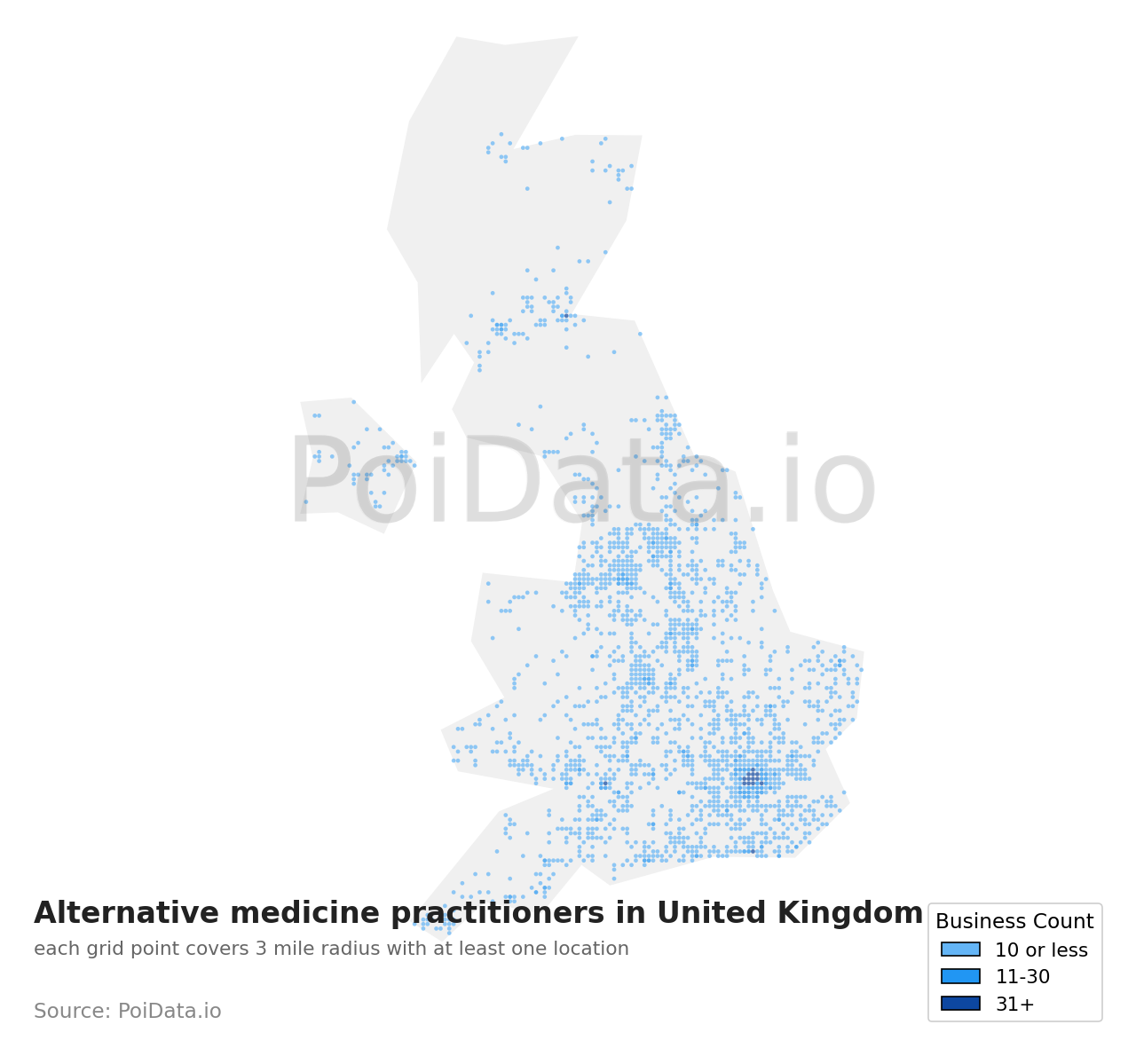 Alternative medicine practitioner density map for United Kingdom
