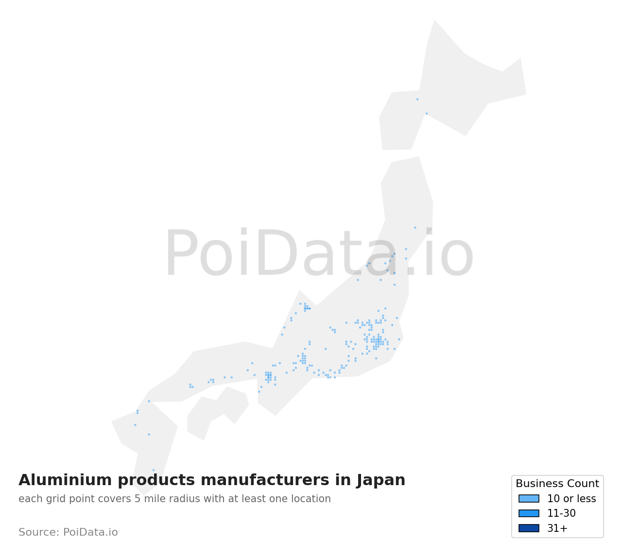Aluminium products manufacturer density map for Osaka, Japan