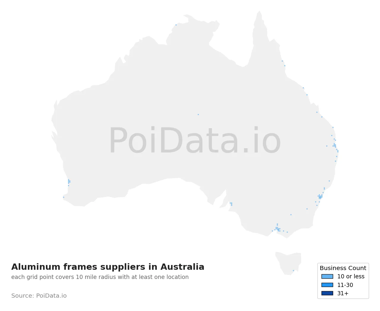Aluminum frames supplier density map for Australia