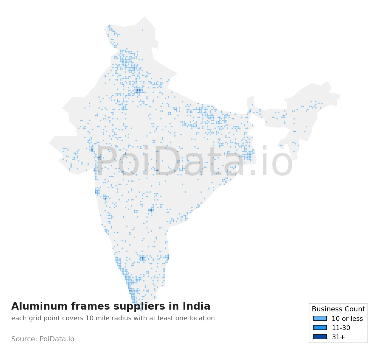 Aluminum frames supplier density map for India