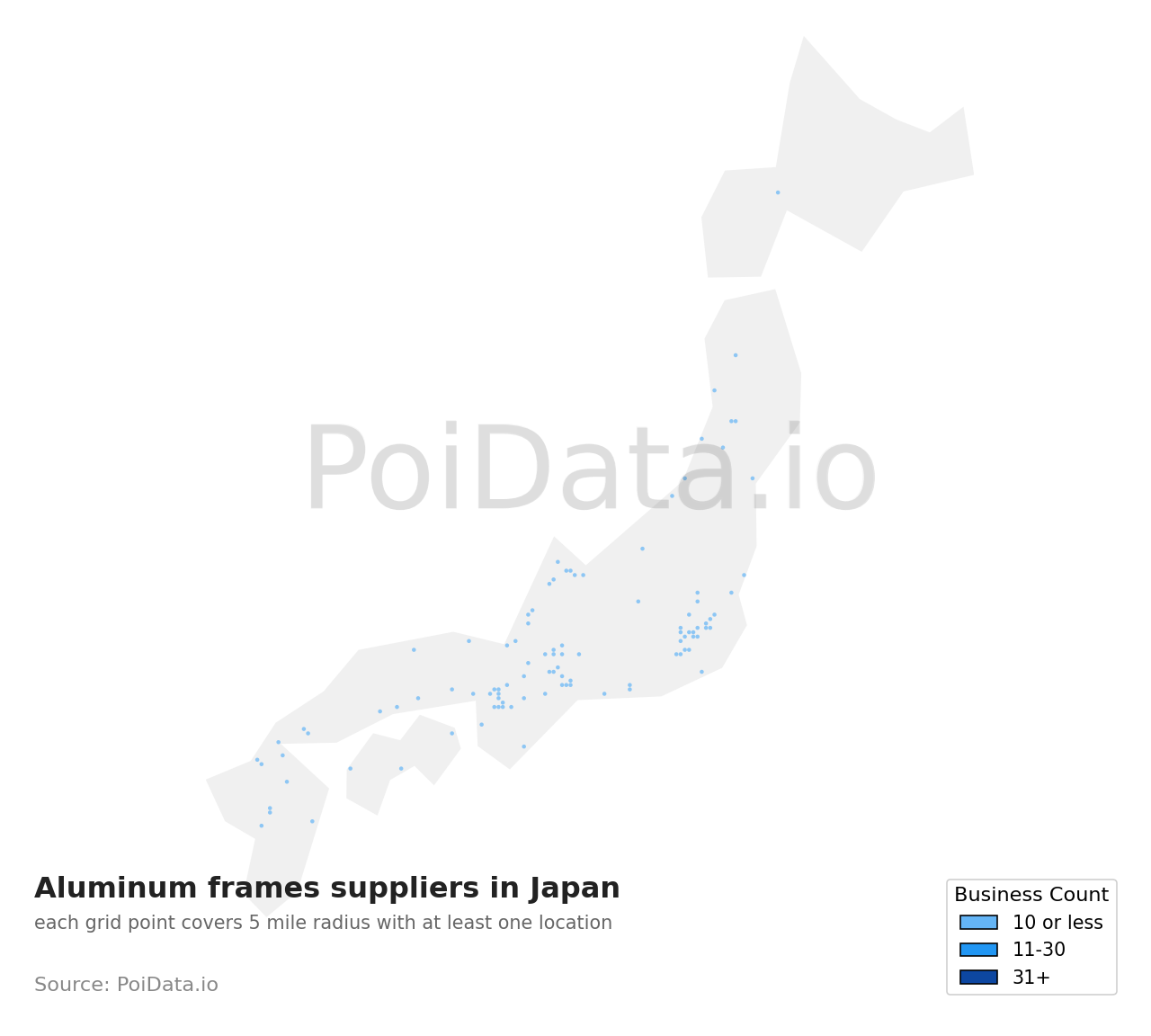 Aluminum frames supplier density map for Japan