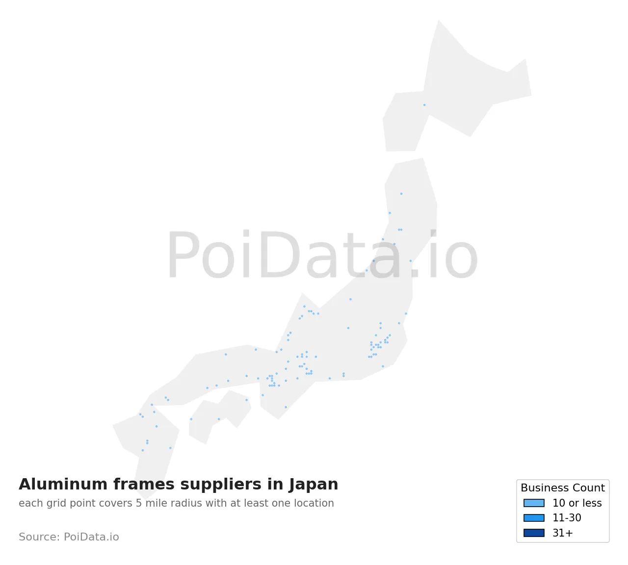 Aluminum frames supplier density map for Japan