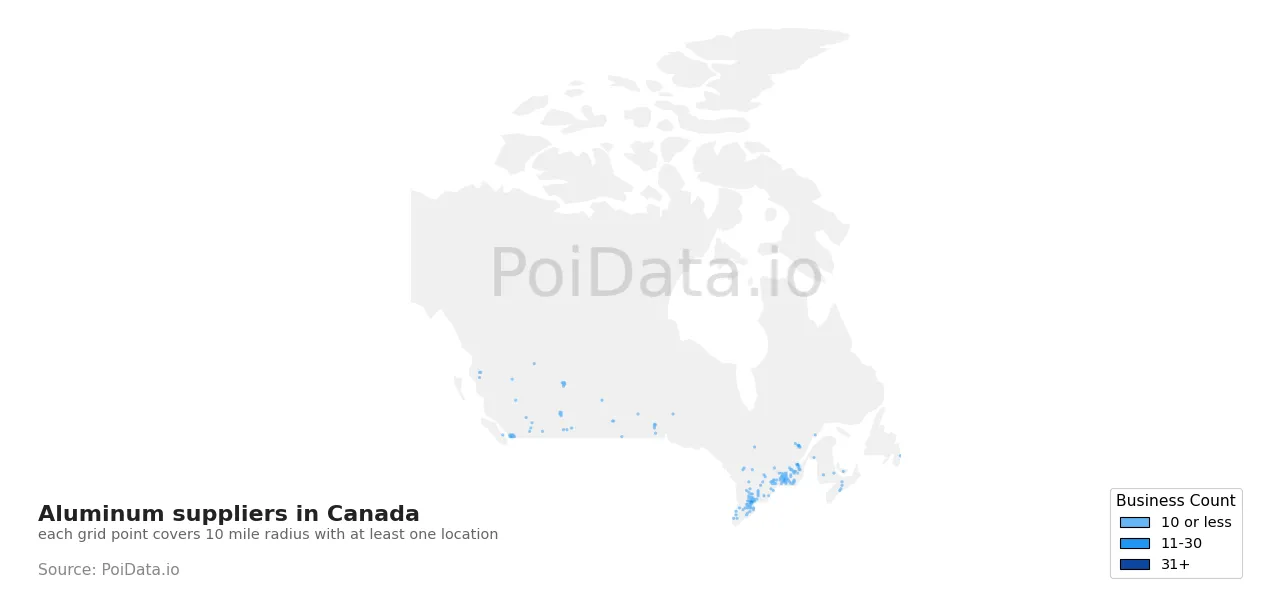 Aluminum supplier density map for Canada