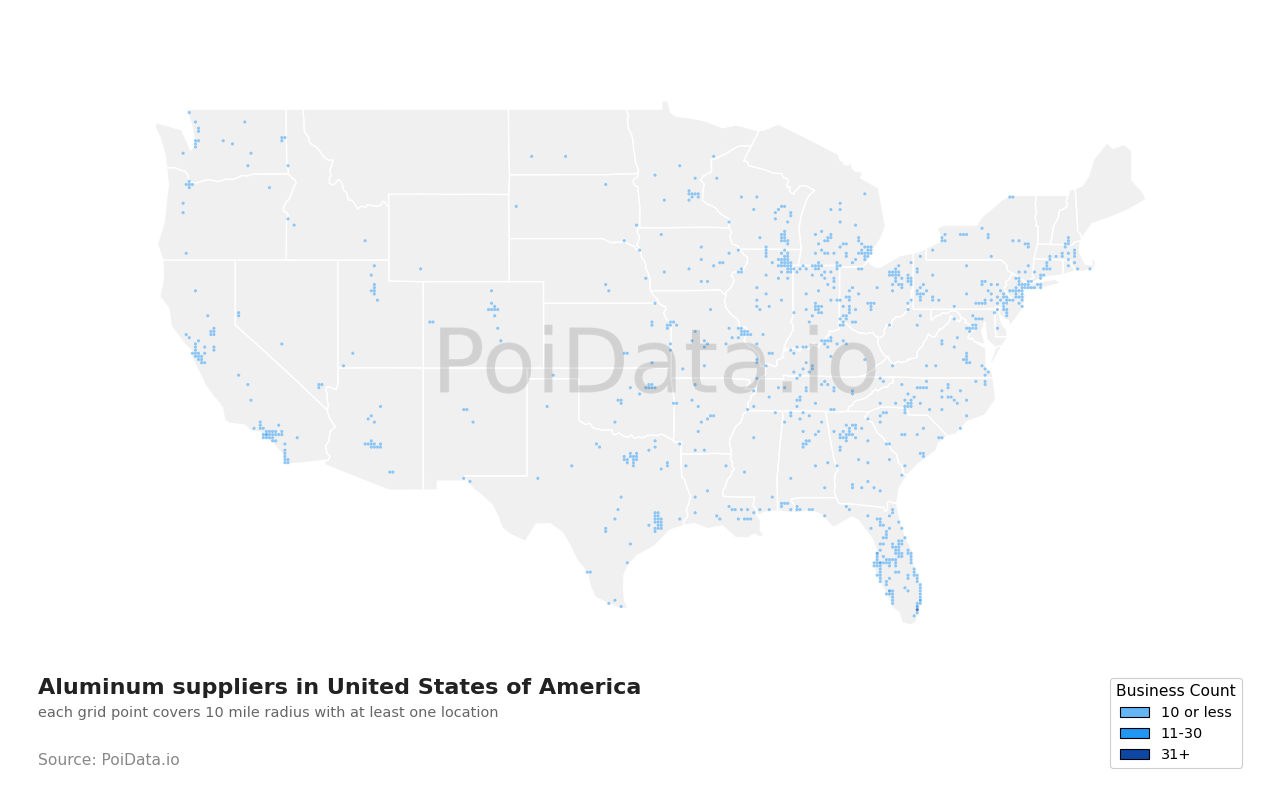 Aluminum supplier density map for Florida, United States