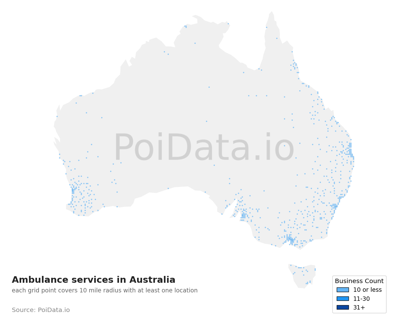 Ambulance service density map for Western Australia, Australia