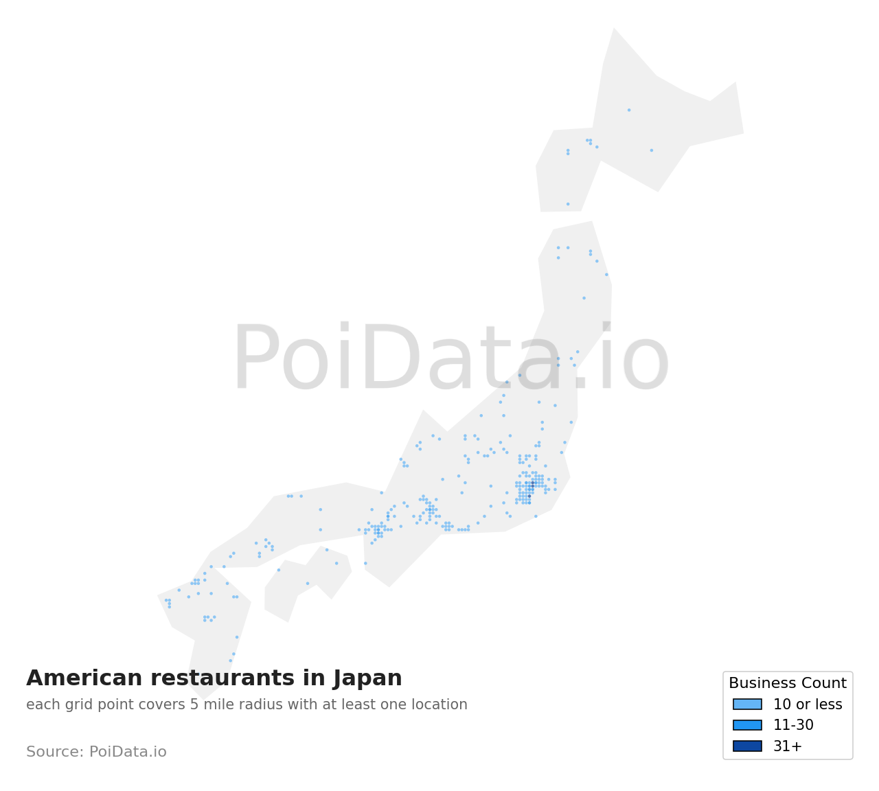 American restaurant density map for Japan