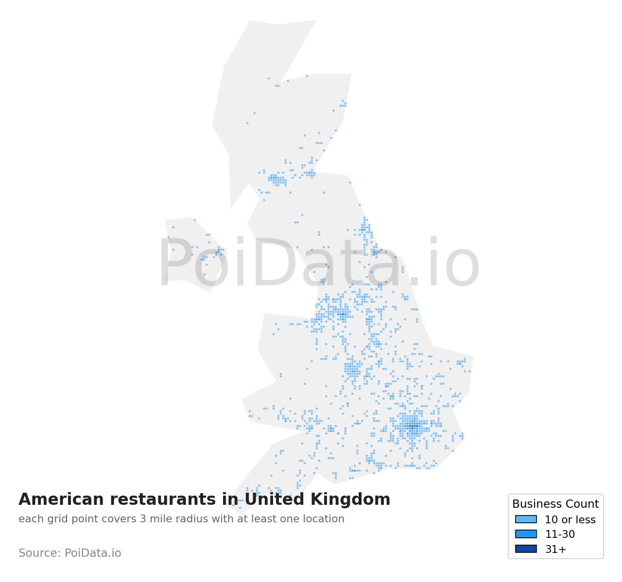 American restaurant density map for United Kingdom