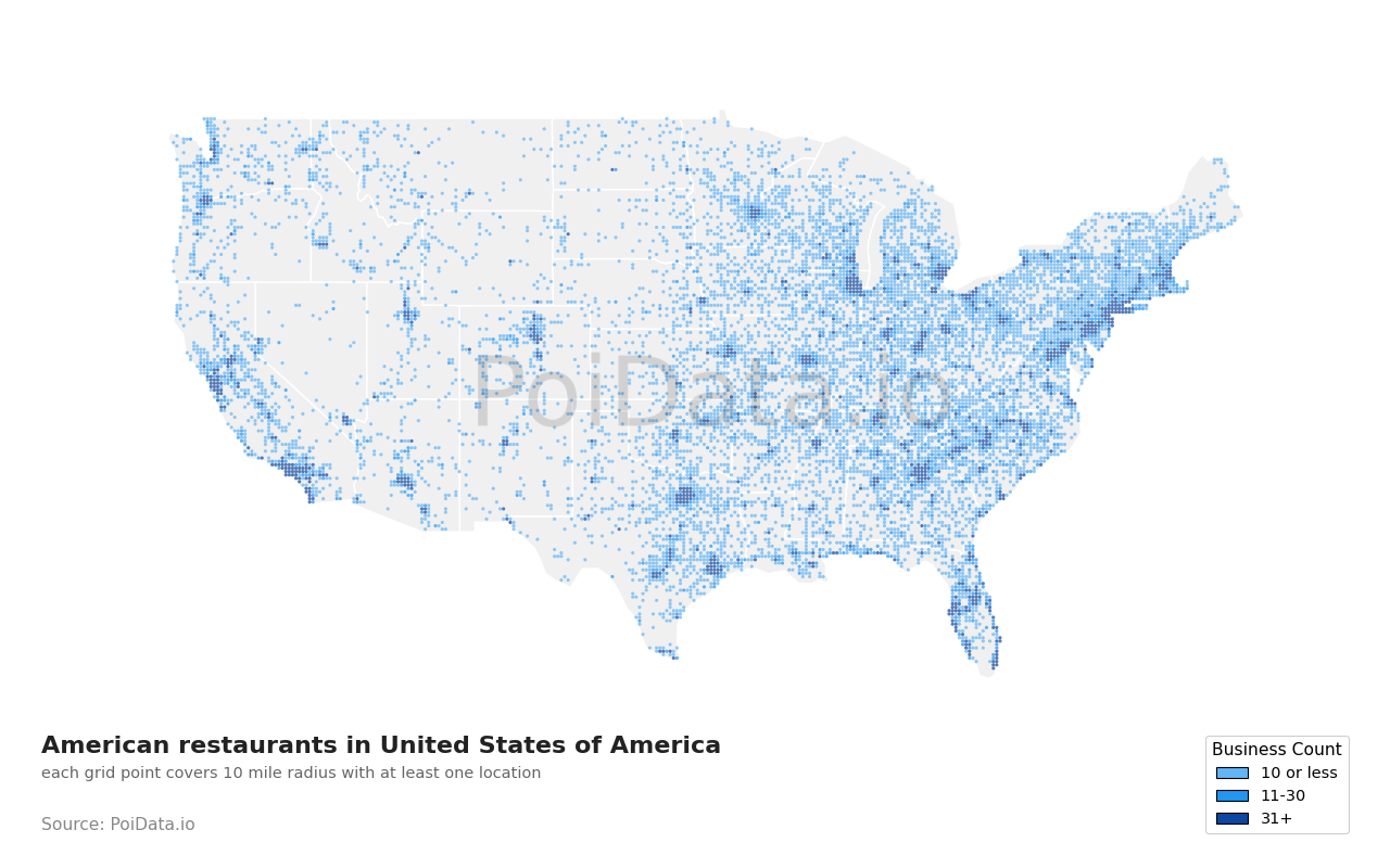 American restaurant density map for United States