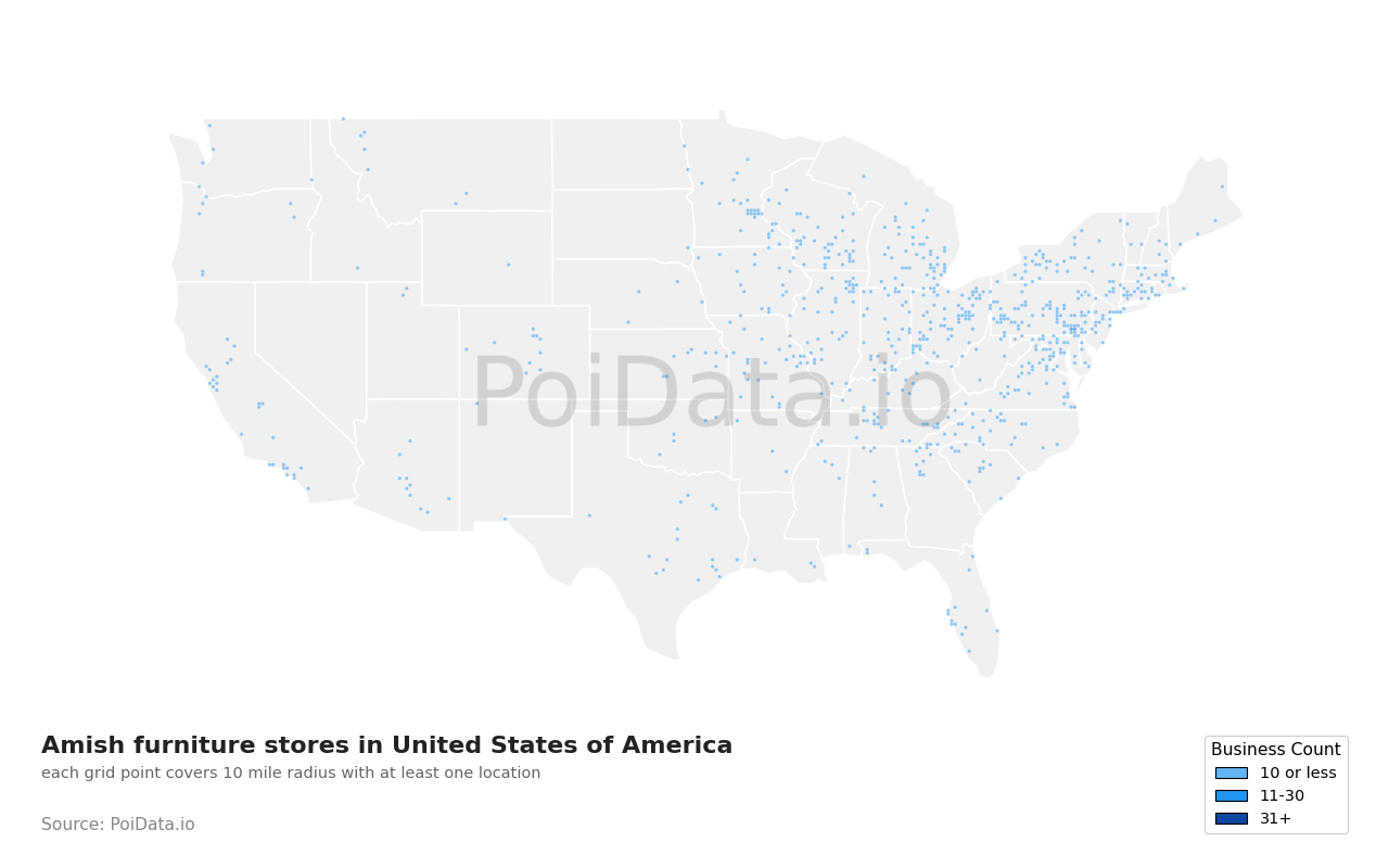 Amish furniture store density map for Indiana, United States