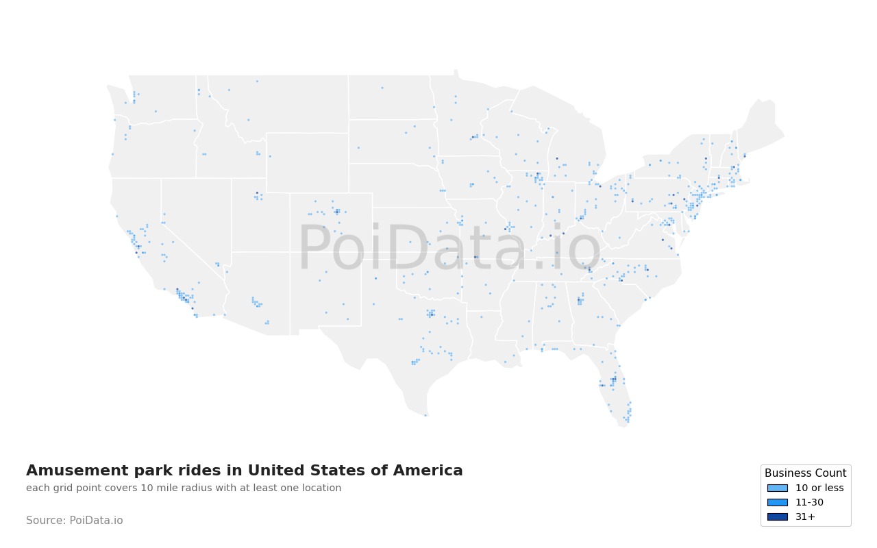 Amusement park ride density map for United States
