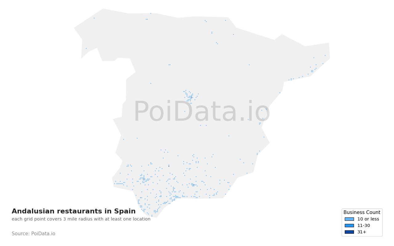 Andalusian restaurant density map for Spain