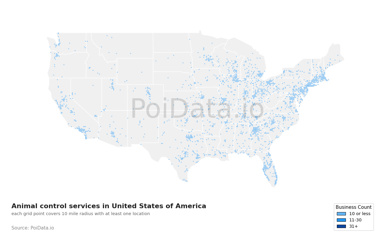 Animal control service density map for Pennsylvania, United States