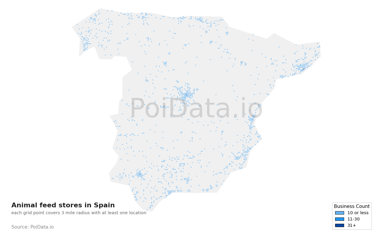 Animal feed store density map for Spain