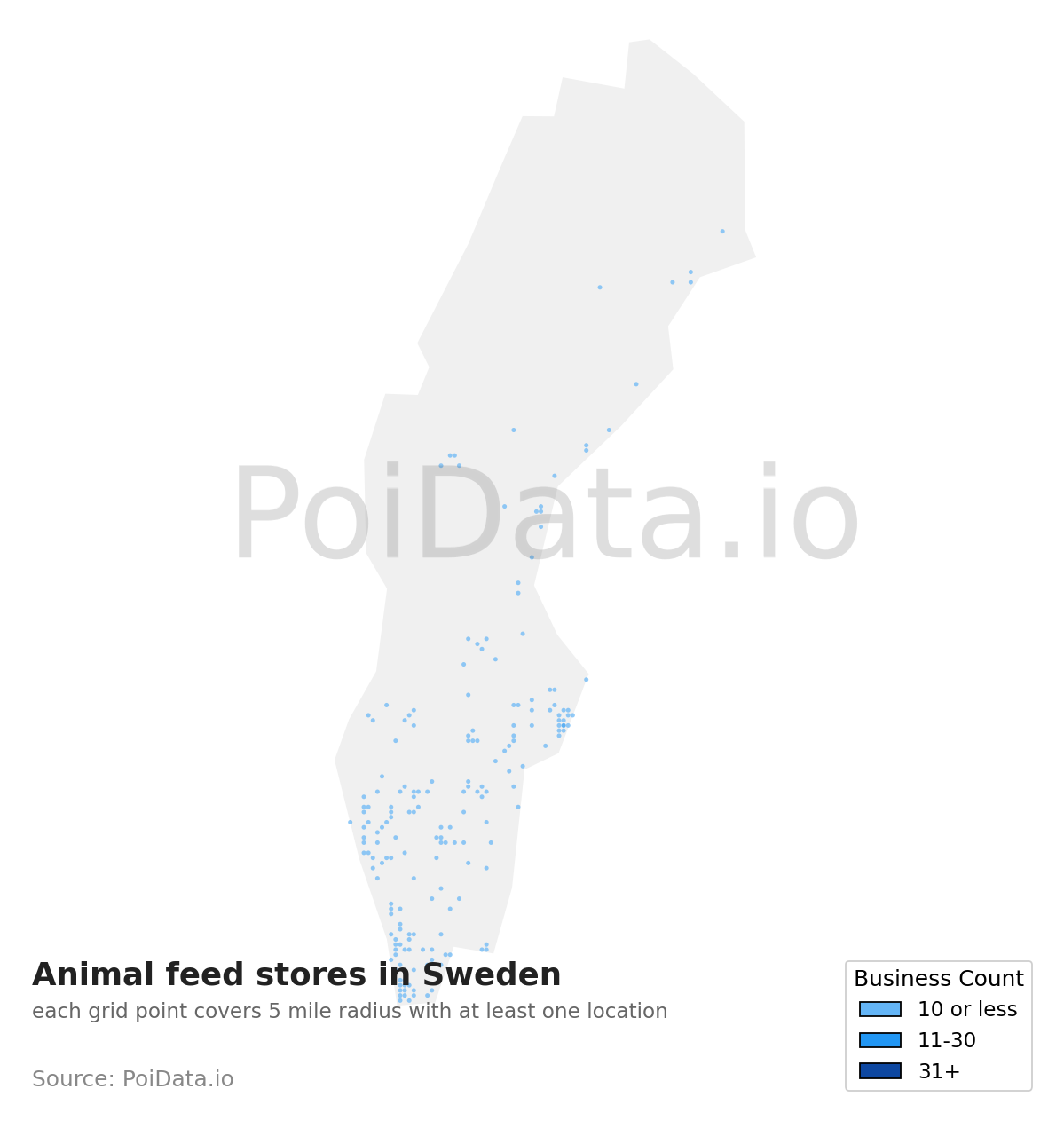 Animal feed store density map for Sweden