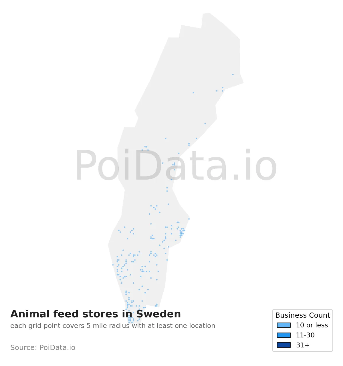 Animal feed store density map for Sweden