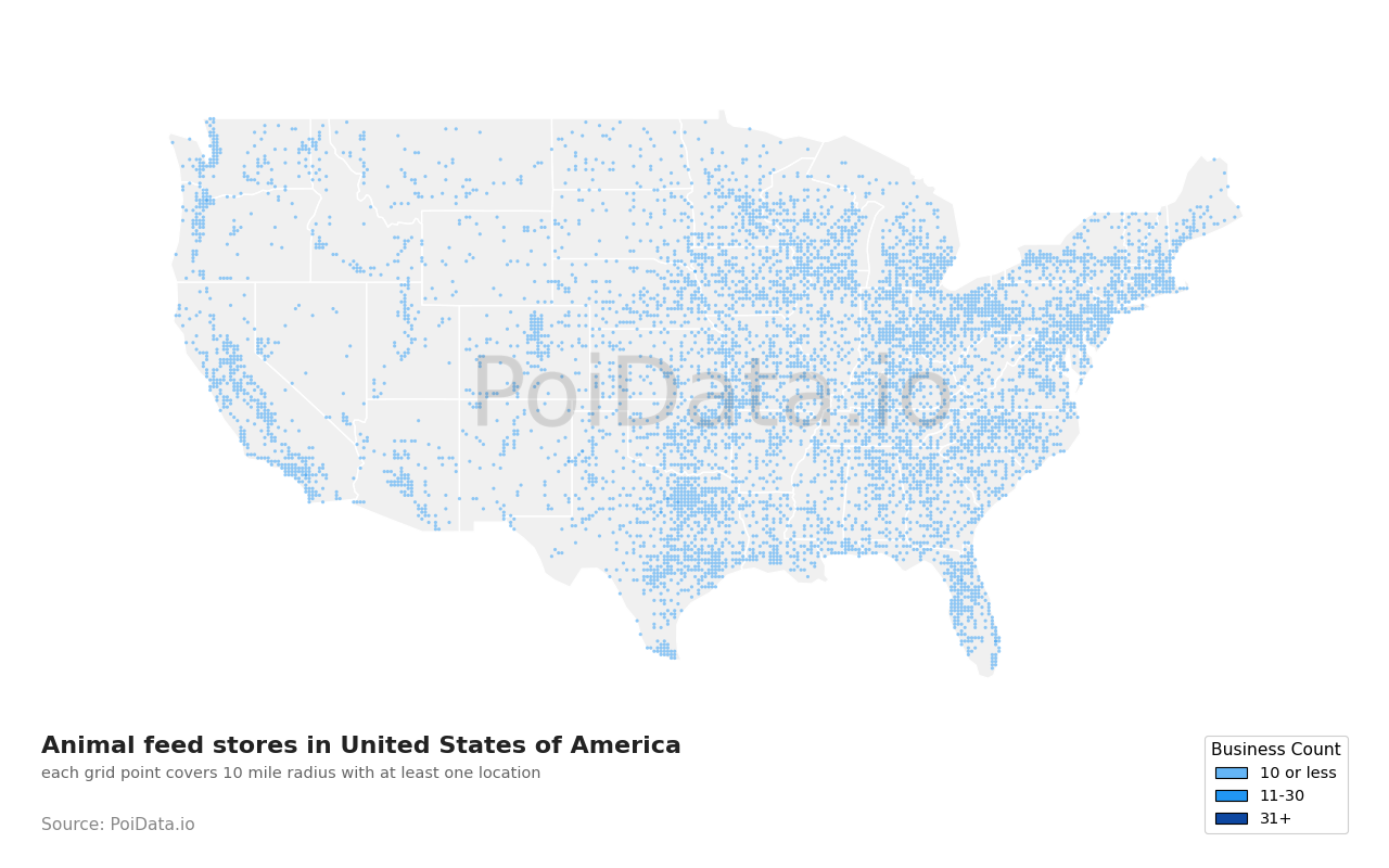 Animal feed store density map for Texas, United States