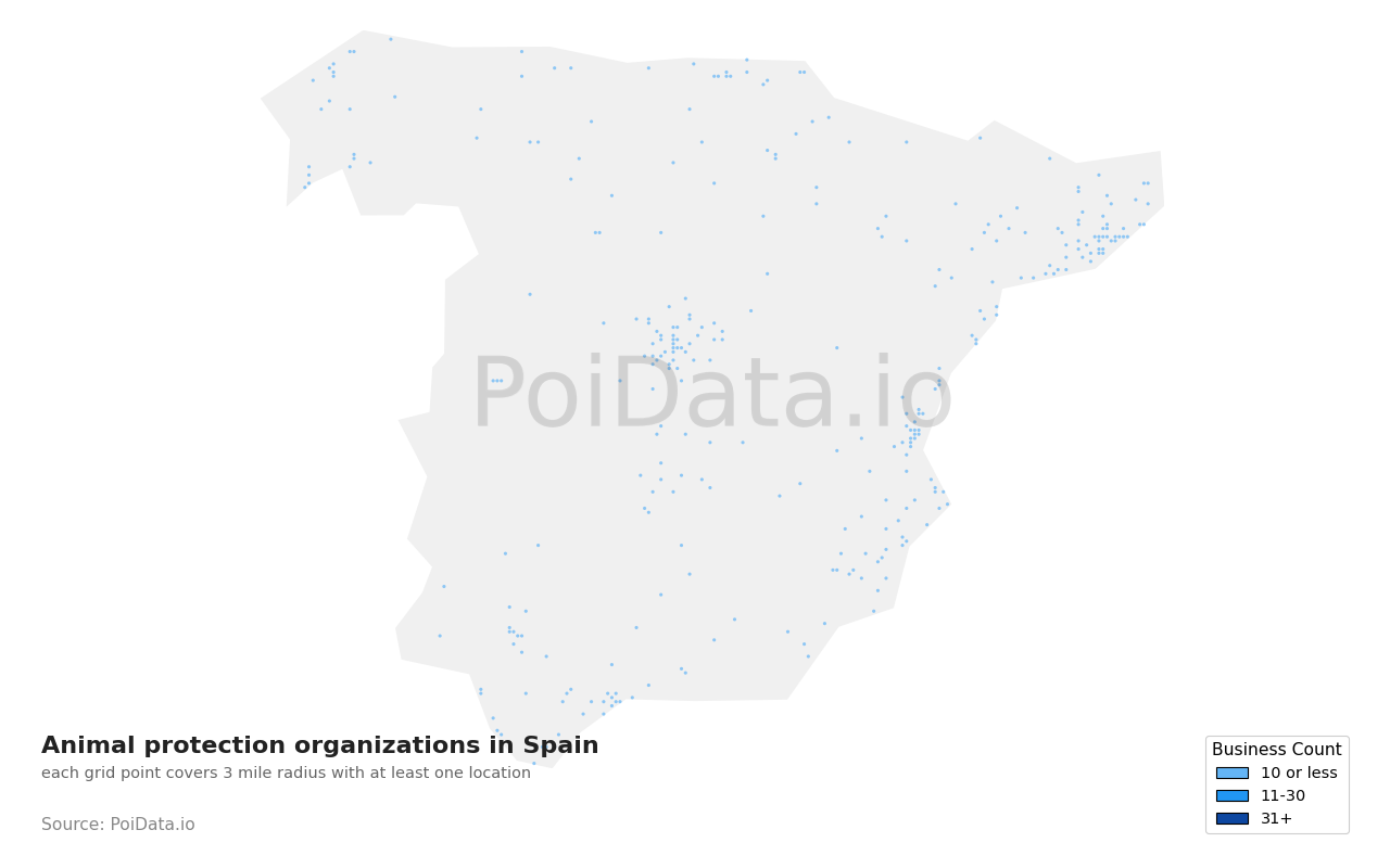 Animal protection organization density map for Spain
