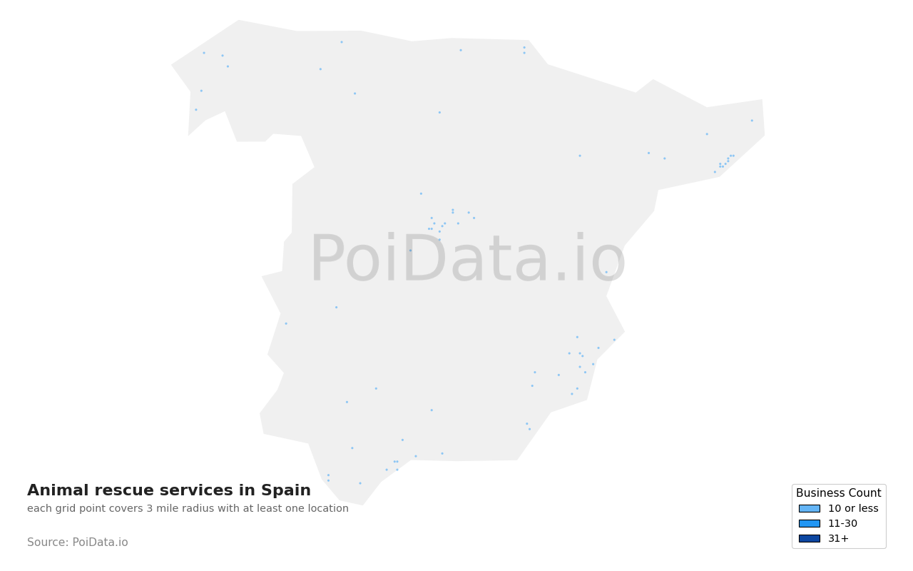 Animal rescue service density map for Spain