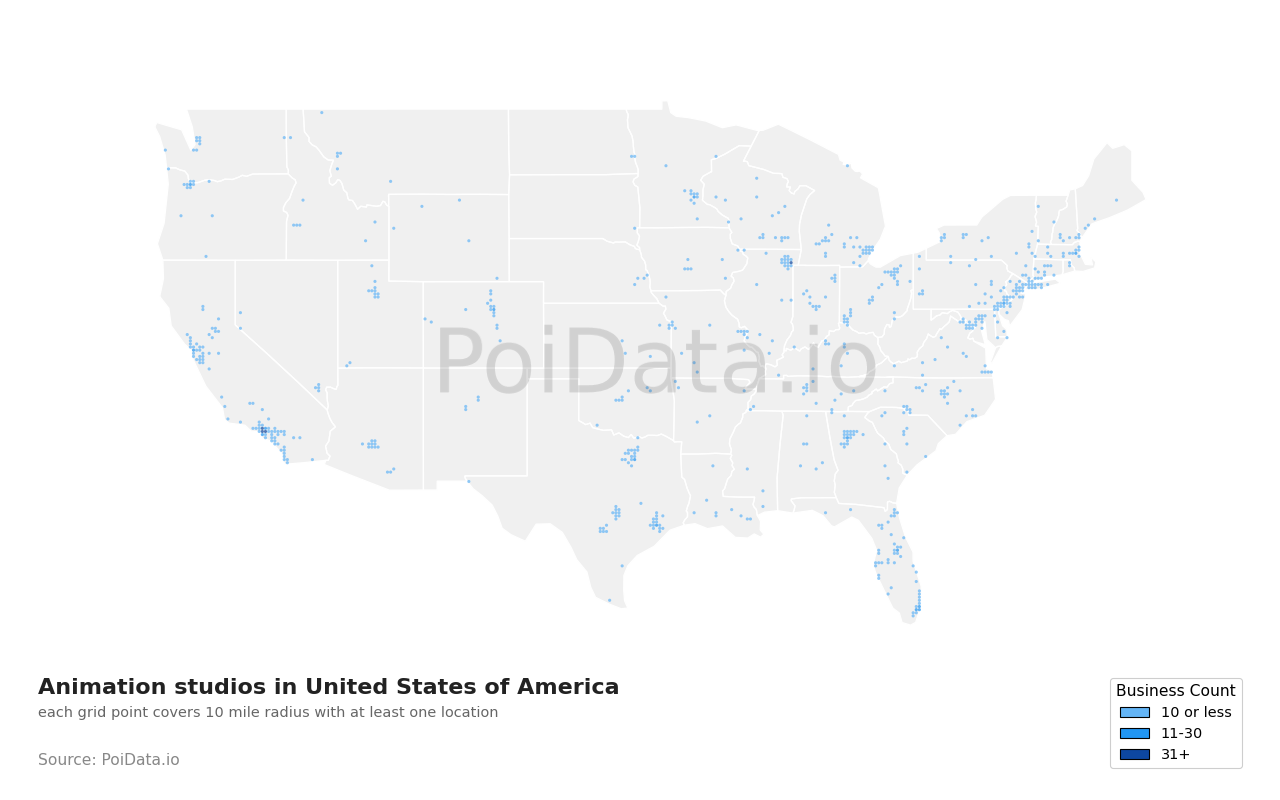 Animation studio density map for United States