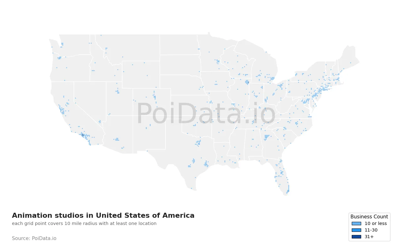 Animation studio density map for United States
