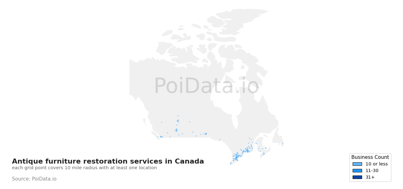 Antique furniture restoration service density map for Canada