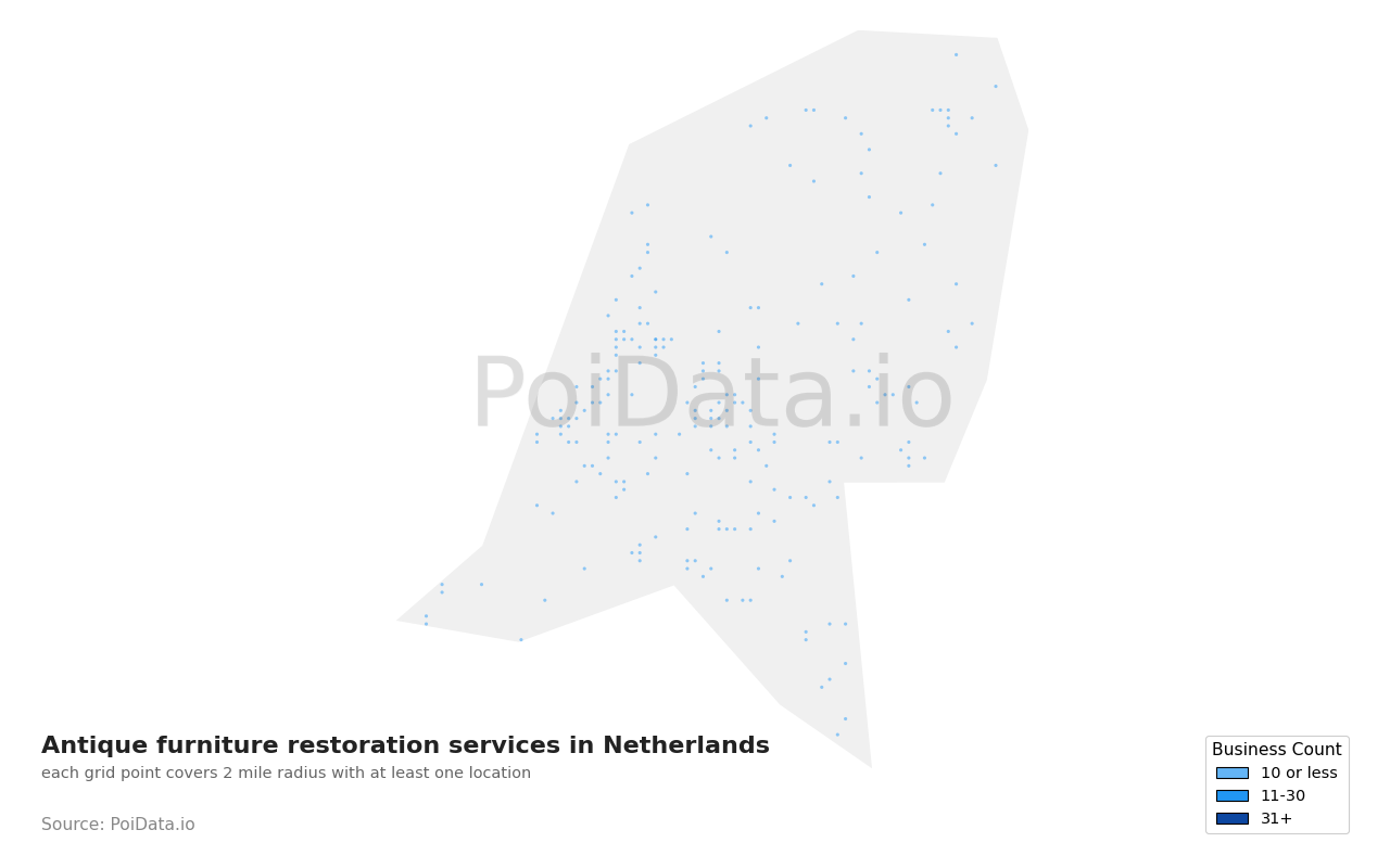 Antique furniture restoration service density map for Netherlands