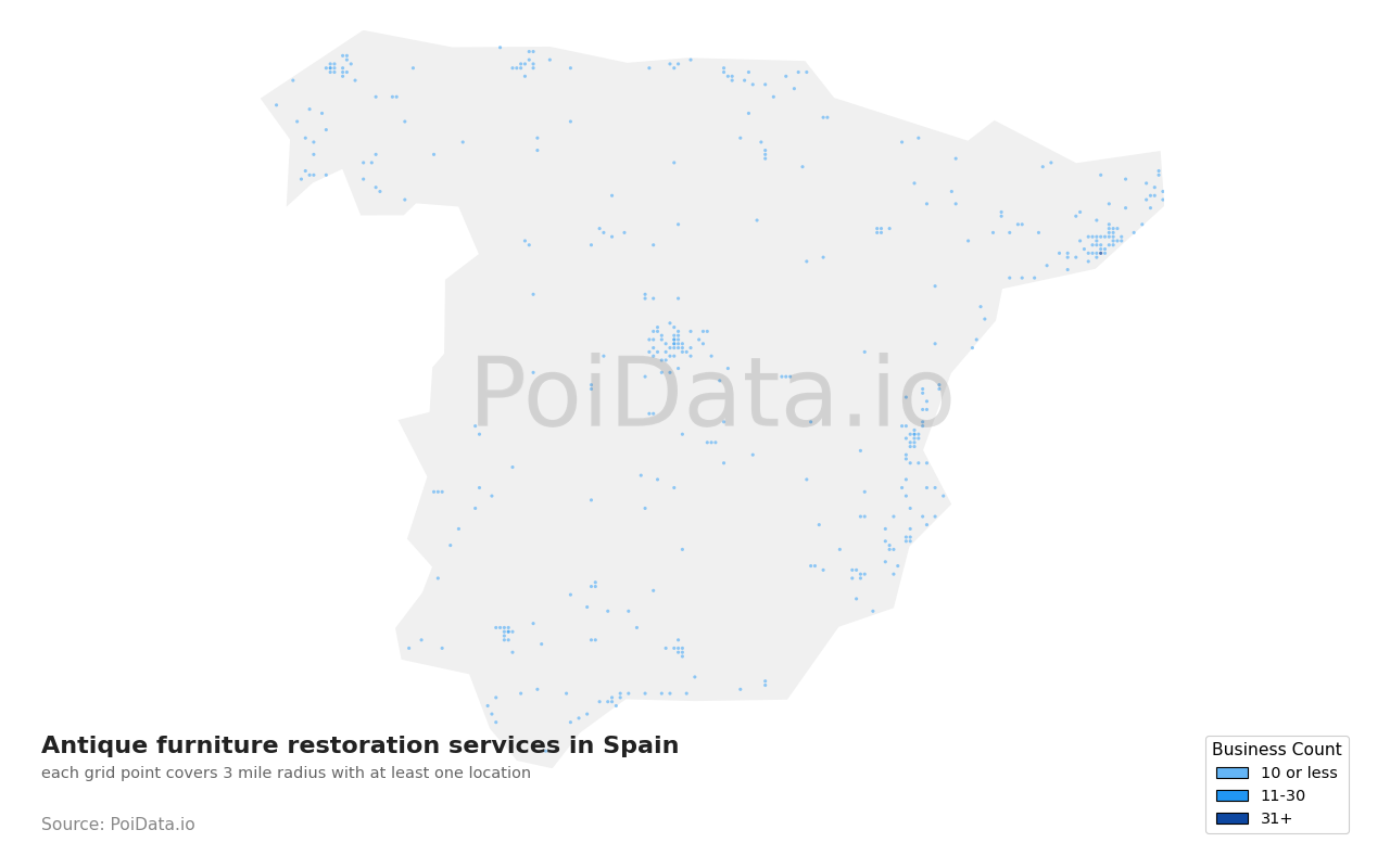 Antique furniture restoration service density map for Spain