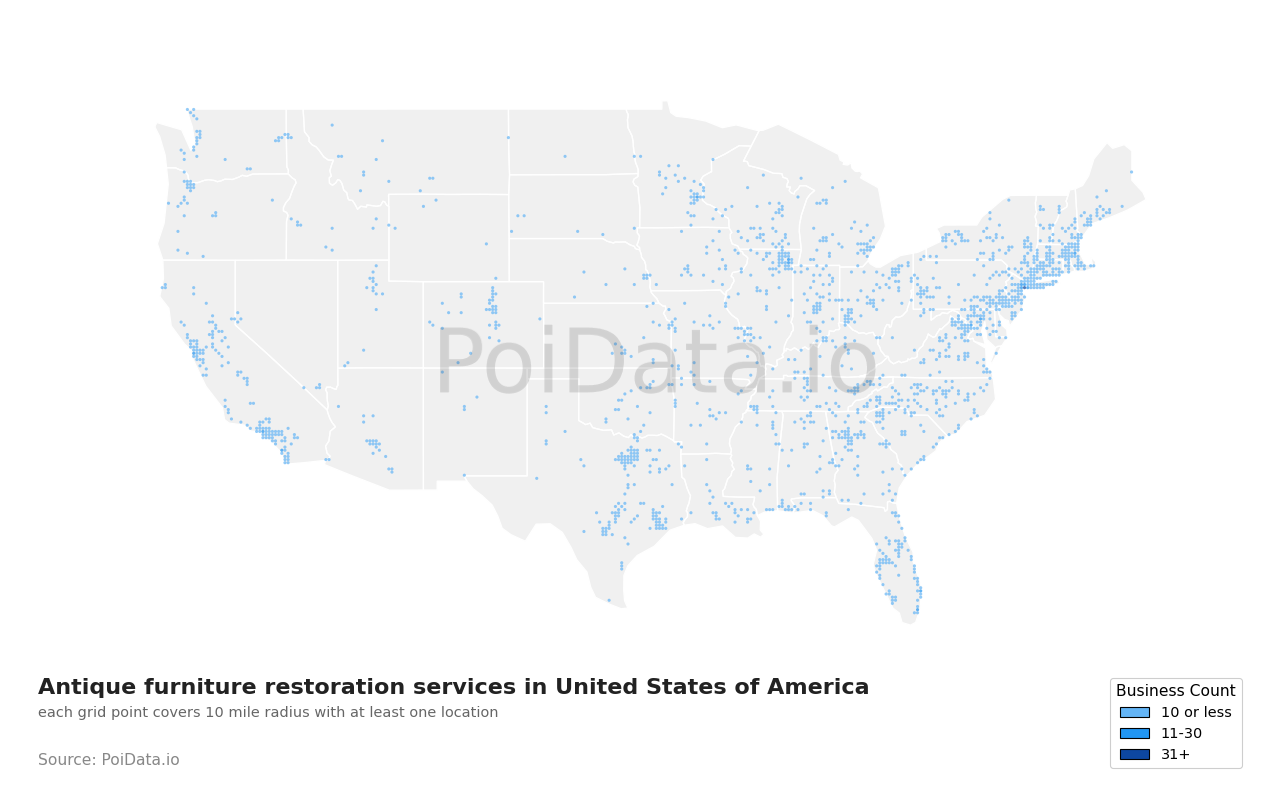 Antique furniture restoration service density map for Florida, United States