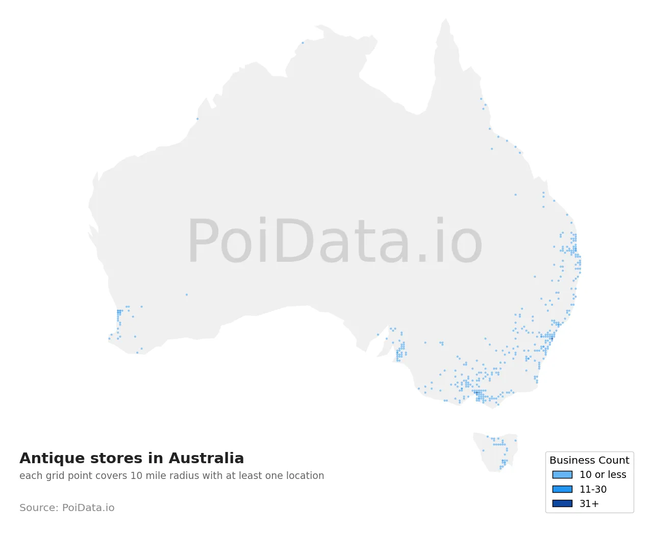 Antique store density map for Australia