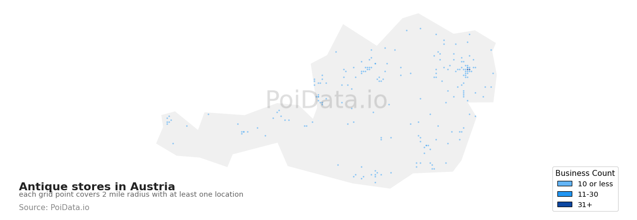 Antique store density map for Austria