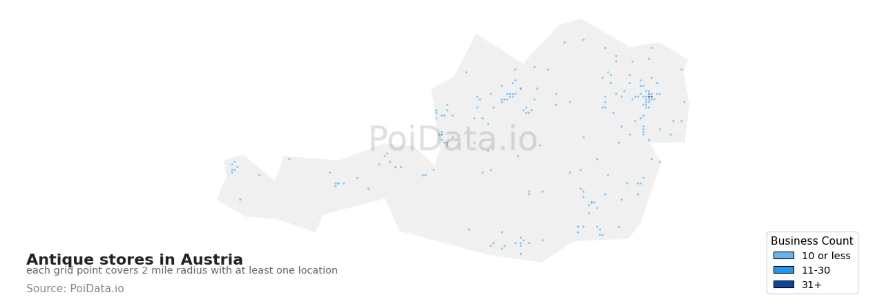 Antique store density map for Austria