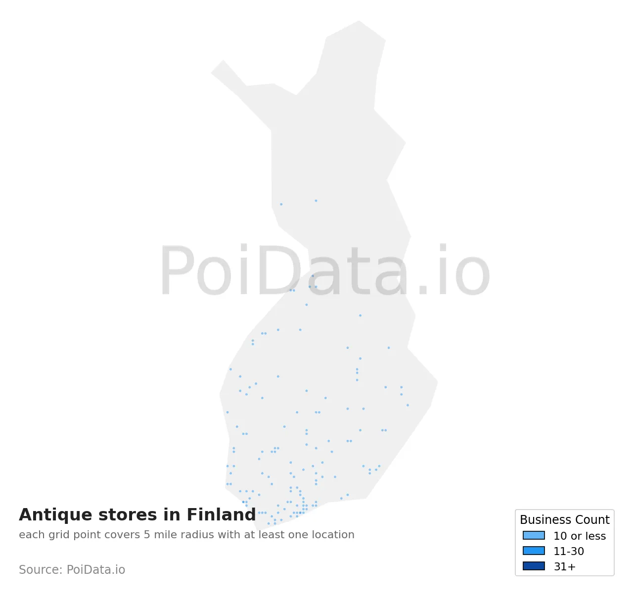 Antique store density map for Finland