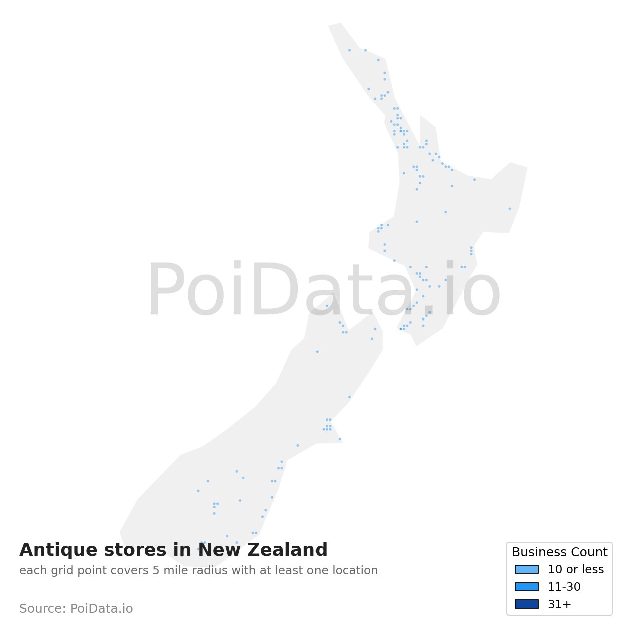 Antique store density map for New Zealand