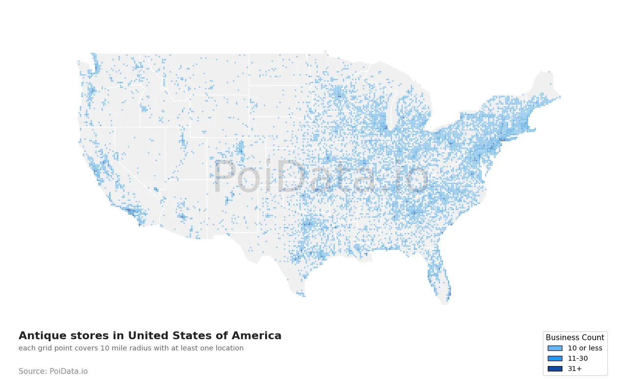 Antique store density map for United States